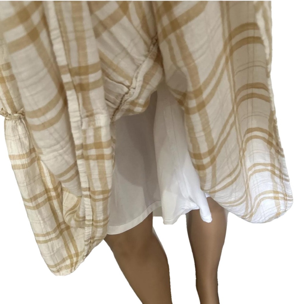 American Eagle M Smocked Linen Blend Dress White Tan Beige Plaid Ruffle … - Picture 5 of 7